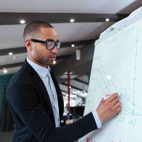 Businessman making presentation of a business plan on the flipchart